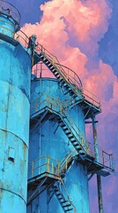 Weathered blue industrial silos, yellow stairs, pink sunset clouds