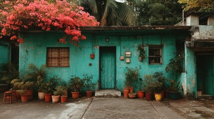 Weathered teal building with vibrant pink flowers and many potted plants