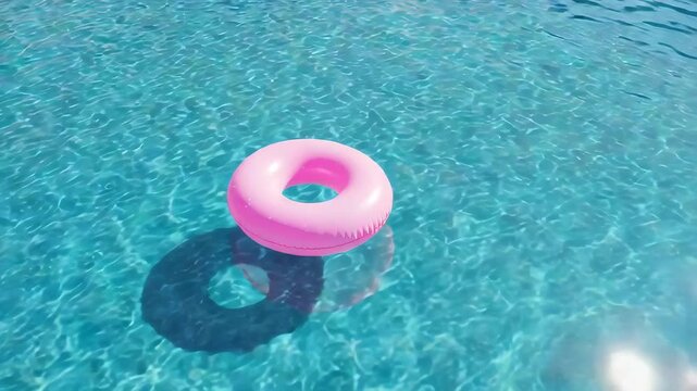 Pink Inflatable Ring Floating on the Clear Blue Water in a Swimming Pool Under the Sunlight on Summer Holiday Vacation
