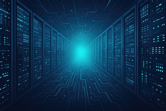 Digital data center hallway with glowing server racks and glowing circuit board floor patterns. - Powered by Adobe