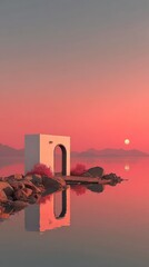 White arch on rocks by calm water under red sunset, perfect reflection