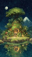Whimsical round house on a lush island, reflected under a starry night sky