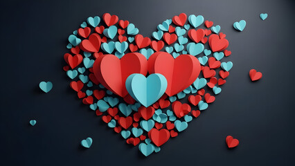 A creative arrangement of pastel red and blue paper hearts on a dark background for valentine's day or love themed designs and romantic gestures