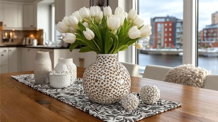 White tulips on a wooden table in a modern home overlooking water