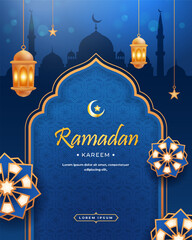 Ramadan Kareem Islamic Background with Mosque Silhouette and Lanterns
