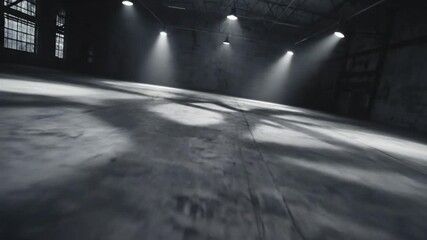 Empty industrial warehouse interior with bright spotlights illuminating the concrete floor, creating a dramatic and mysterious atmosphere for various projects. - Powered by Adobe
