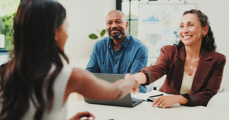 Interview, introduction or people in office with handshake, congratulations or meeting in onboarding process. Happy, success or hr with shaking hand, candidate or offer for career opportunity. © BuyOutFelix06/peopleimages.com