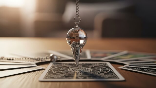 Crystal pendulum hovering over tarot cards in mystical divination setting with soft natural lighting