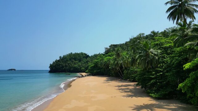 Aerial view from Macaco beach at Ilha do Principe,S&atilde;o Tom&eacute;,Africa. Backwards drone shot