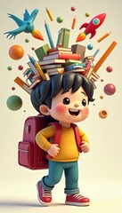 Naklejka premium Cheerful Boy with Books and School Supplies Surrounded by Colorful Elements