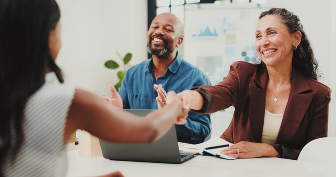 Interview, introduction or people in agency with handshake, congratulations or meeting for onboarding. Happy, success or hr in office with shaking hand, candidate or offer for career opportunity.