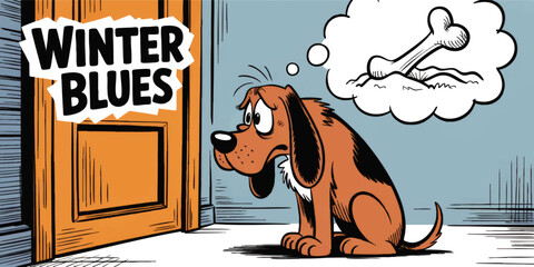 Sad cartoon dog with winter blues sitting by closed door, dreaming of a bone, humorous seasonal pet depression illustration