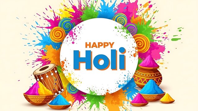 Vibrant happy holi celebration with colorful powder and traditional instruments
