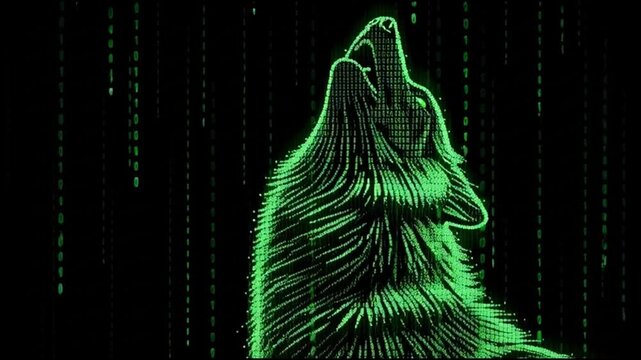 A neon green wolf howls in a digital landscape with binary code falling around it, viewed from a low angle.