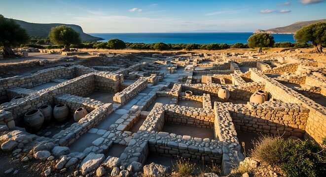 Minoan Palace of Malia Ruins with Sea View, Crete.