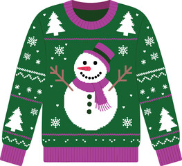 Christmas ugly sweater illustration, green winter holiday pullover with snowman, snowflakes pattern, festive knit apparel design, vector artwork