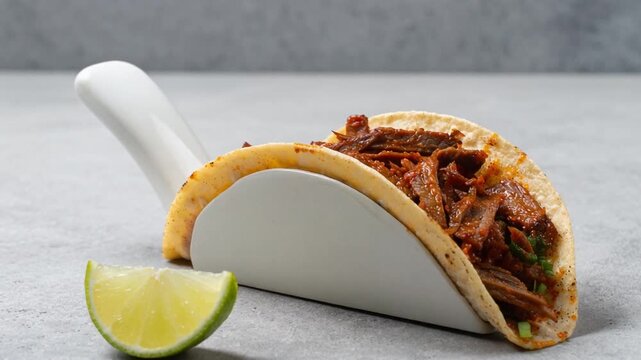 Beef barbacoa taco with fresh lime on a modern white stand, slow dolly push-in shot focusing on juicy meat texture, authentic Mexican street food 4k video.