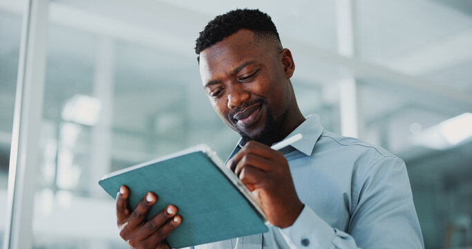 Black man, tablet and smile in office with app, report and bookkeeping as accountant. Business person, management and tech for finance agency, stylus and investment opportunity for payroll in job