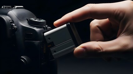 Hand inserting memory card into camera.