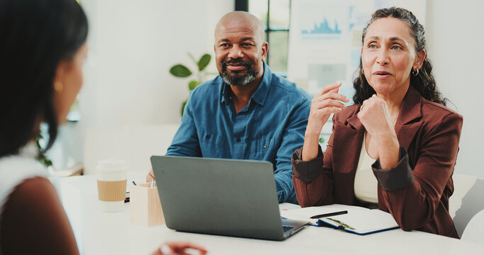 Job interview, HR and talking to applicant, office and notes for recruitment process and evaluation. Business, vacancy and people with laptop for onboarding, meeting and discussion with candidate