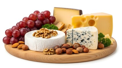 Assortment of delicious gourmet cheeses including brie blue cheese and Swiss variety served with fresh red grapes almonds walnuts and hazelnuts on a wooden serving board for presentation