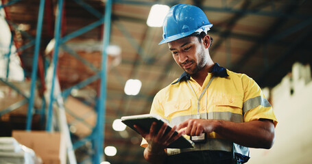 Man, tablet and warehouse inspection for supply chain, checklist or scroll for inventory...