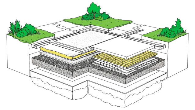 High-Quality Black Continuous Line Art of Exploded Isometric Building Diagram Showing Foundation Layers and Floor Slab with Greenery