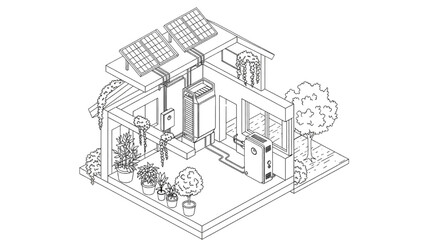 High-Quality Black Continuous Line Art of Exploded Isometric Eco-Home Showing Solar Panels, Battery Storage, and Inverter Systems