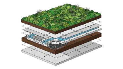 High-Quality Black Continuous Line Art of Exploded Isometric Green Roof Showing Soil, Drainage, and Waterproof Layers with Greenery