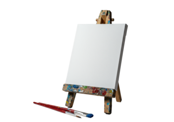 Rustic, paint-splattered wood easel holding transparent canvas and two art brushes, hyper-detailed still life close-up on brilliant white infinity background. Concept of artistic potential
