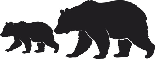 Adult bear and cub silhouettes walking together, wildlife family shadow, black forest animal illustration, isolated on white background design © MstMuktarinaAkter