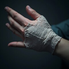 Bandaged Hand with White Gauze Under Dim Lighting for Medical Aid