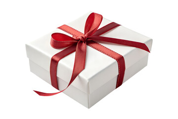 Fototapeta premium White Gift Box with Elegant Red Ribbon Bow Isolated on White Background