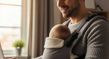 Father wearing baby carrier while working on laptop representing modern parenting and telework