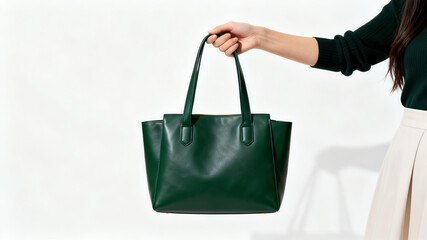 Elegant woman holding a premium dark green leather tote bag against a white background.