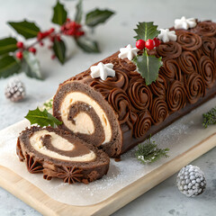 delicious chocolate yule log cake decorated with holly leaves and berries on a wooden board