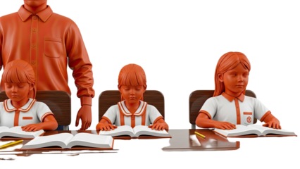Orange Monochrome Students and Teacher at Desks with Books