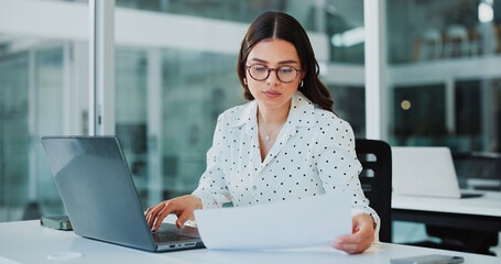 Documents, laptop and business woman for financial review, proposal and budget planning for...