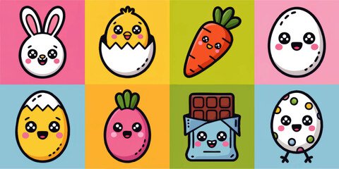 Cute kawaii Easter icons set with bunny chick eggs carrot chocolate bar and spring sweets on colorful pastel squares background