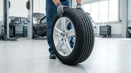 A professional auto mechanic in gloves holding a car wheel (tire and rim) in a modern auto service garage, ready for vehicle maintenance