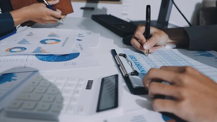 Financial meeting, infographic and closeup of business people and team doing statistics analysis with documents and graphs. Accountants consulting on data, budget and profit charts for company - Powered by Adobe