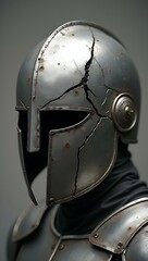 Fototapeta premium A shiny metal helmet cracked from the inside, symbolizing hidden burnout behind strength