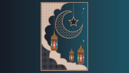 Islamic Holiday Greeting Card Background: Paper Cut Silhouette of Mosque, Crescent Moon, and Star for Ramadan Kareem, Eid Al-Fitr, or Eid al-Adha