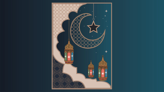 Islamic Holiday Greeting Card Background: Paper Cut Silhouette of Mosque, Crescent Moon, and Star for Ramadan Kareem, Eid Al-Fitr, or Eid al-Adha - Powered by Adobe