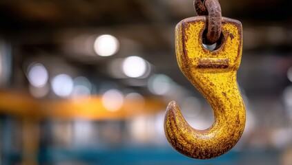 Gritty, Textured Yellow Industrial Crane Hook with Bokeh Lights in a Factory Workshop.