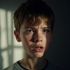 Boy Looking Anxious in Harsh Lighting