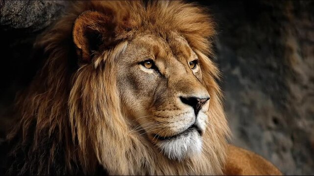Close up portrait of a majestic male lion face looking right with detailed mane and dark background