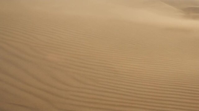 Strong wind blowing sand over dunes in hot desert landscape