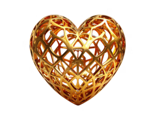 3D golden heart with a hollow lattice geometric design,white background