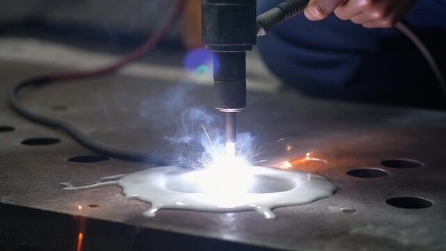 Industrial Welding Process with Sparks and Metal.